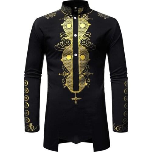 Black Casual Button African Dress Shirt Men Nice New African Dashiki Print Chemise Homme Streetwear Long Sleeve African Clothes
