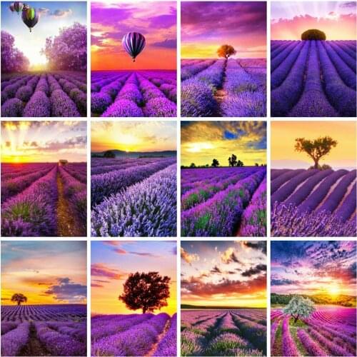 Huacan Diy Diamond Painting Lavender Scenery Home Decor Embroidery Mosaic Sunset Natural Landscape Wall Stickers