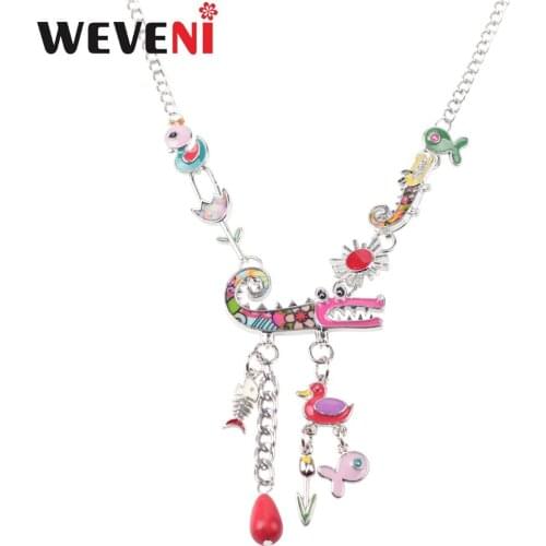 WEVENI Statement Metal Crocodile Choker Necklace Pendants Chain Collar Fashion Accessories Enamel Animal Jewelry For Women