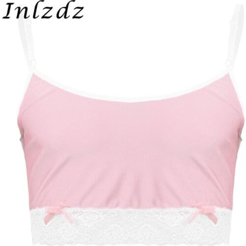 Mens Erotic Lingerie Sissy Crop Top Silky Adjustable Spaghetti Straps Lace Hemline Camisole Vest Crop Tops Nightwear Sleepwear