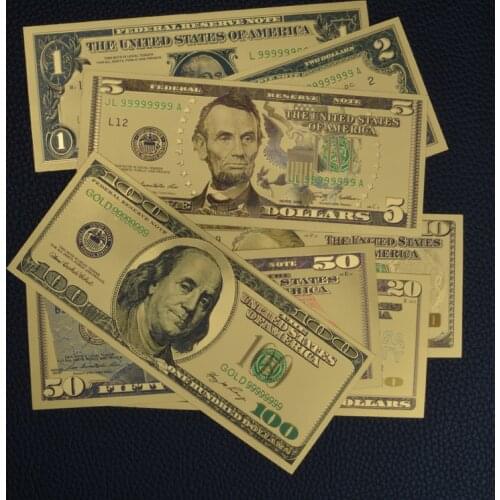 A Set Of 7 Gilded Banknotes Antique Gold Foil Commemorative Dollar Banknotes Decoration Counterfeit Notes