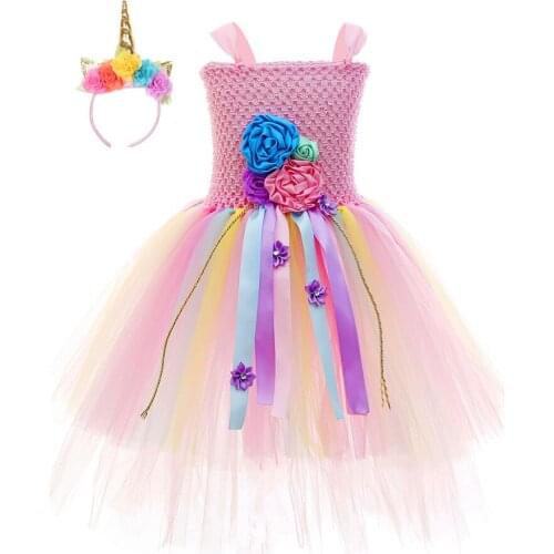 Pastel Flower Unicorn Dress Cute Tulle Princess Girls Tutu Dress Kids Birthday Party Dresses For Girls Halloween Unicorn Costume