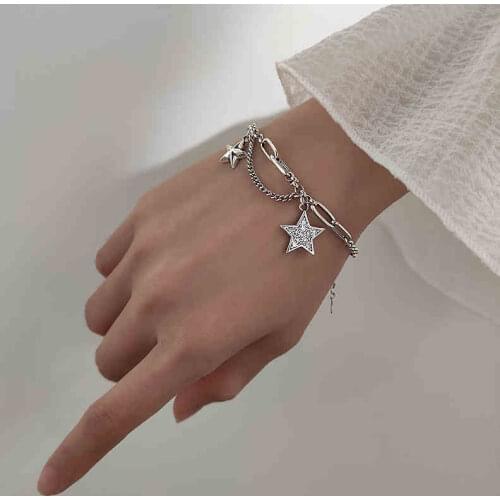 Simple Vintage Star Pentagram Zircon Multilayer Chain 925 Sterling Silver Bracelet For Women Designer Dainty Jewelry Wholesale