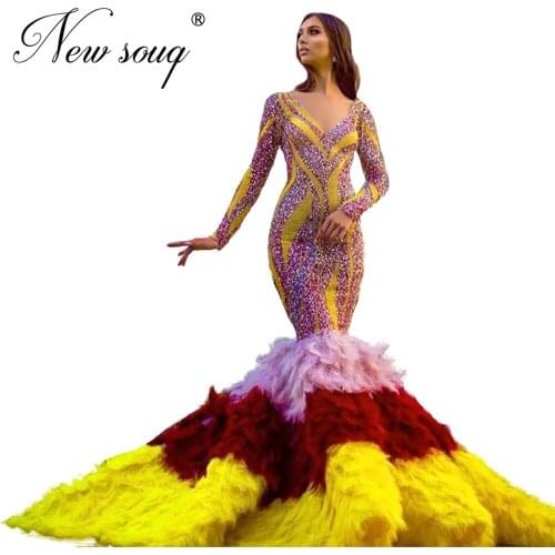 Dubai Beading Illusion Evening Dress For Saudi Arabia Mermaid Feathers Prom Dresses Long Sleeve Formal Dress 2020 African Party