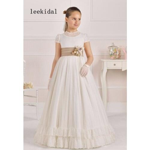 Vintage Lace Flower Girl Dresses with Sash A Line Satin Lace Top Girl First Communion Dress Girls Birthday Celebration Dresses