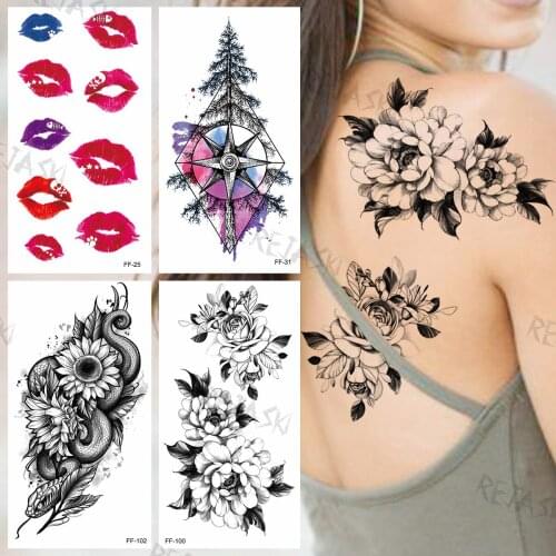 Dahlia Temporary Tattoos For Women Adults Realistic Lips Sun Flower Tree Compass Fake Tattoo Sticker Back Arm Tatoos Charming