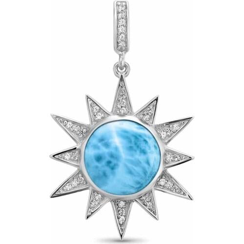 High Quality 925 Sterling Silver Natural Larimar Sun Womens Pendant Necklace For Gift