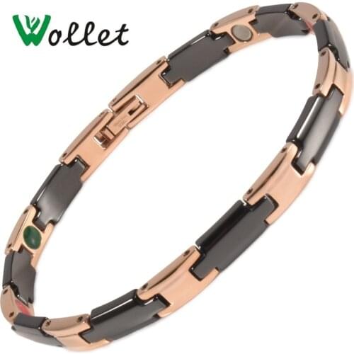 Wollet Fashion Jewelry Black Ceramic 5 in 1 Rose Gold Plated Stainless Steel Magnetic Bracelet Bangle for Women Health Care