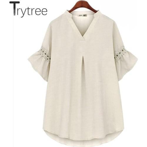 Trytree Summer Blouse Women Casual V-Neck Hollow Out Butterfly Sleeve Office Lady White Shirt Loose Oversize Tops Dropshipping
