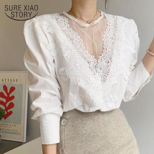Spring Autumn Long Sleeve Women Blouse with Lace Office Lady Elegant Sexy Shirts Pullover White Black Female Tops Blusas 12451