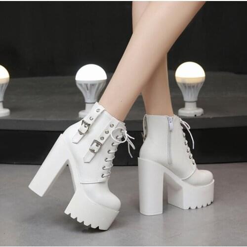 STAN SHARK 2019 New Women Black White Ankle Boots 14cm Super High Heels Square Heels Boots Zip Rivet Insole Sexy Women Boots