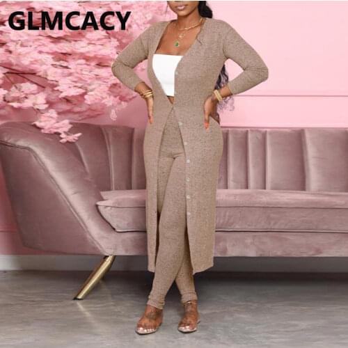 Women Two Piece Fall Winter Suits Long Sleeve Cardigans and Skinny Pants Set