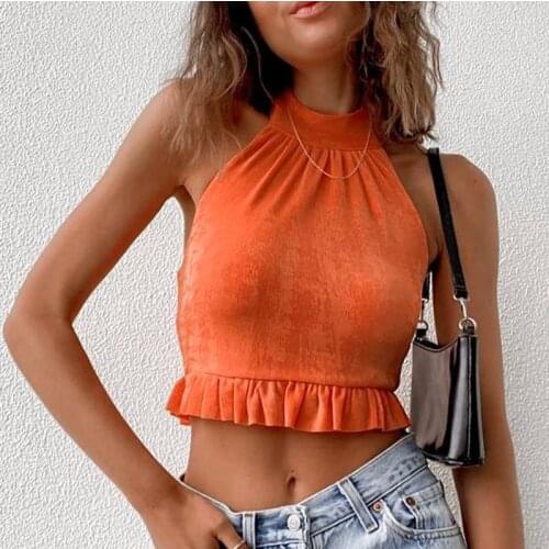Sexy Halter Lace Up Backless Solid Womens Short Vest Fashion Folds Hem Orange O-Neck Crop Top 2021 Summer Casual Party Club Tops