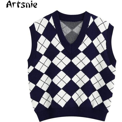 Artsnie navy blue argyle sweater vest women winter v neck sleeveless pull femme hiver vintage sweet preppy warm sweaters jumper