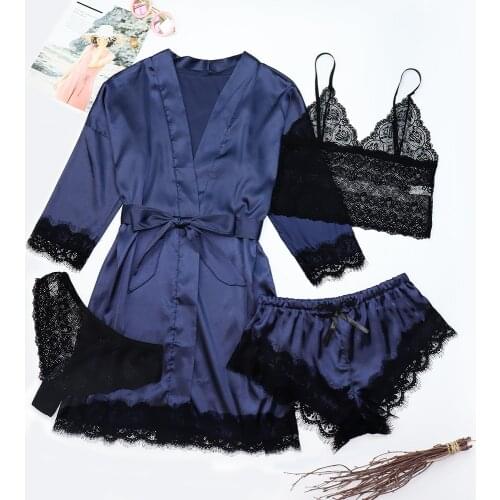 4PCS Women Lingerie Sleepwear Sets Lace Crop Tops + Thongs +Shorts Pants + Satin Nightgown Robe Babydoll Nightwear Plus Size