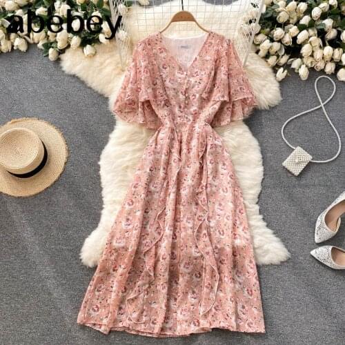 Women Chiffon Floral Dress Design Cloak Sleeve V Neck A-line Ruffles Dresses Summer Boho Print Vacation Long Sundress