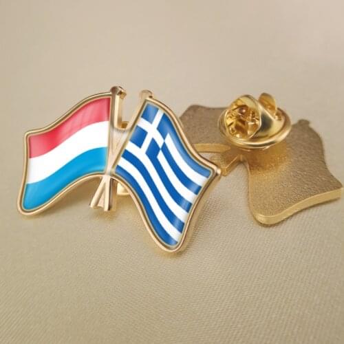 Luxembourg and Greece Crossed Double Friendship Flags Lapel Pins Brooch Badges