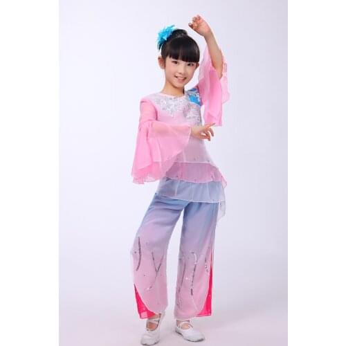 0174) Chinese folk dance children pinl costumes Girls Embroidery Hanbok fan yangko classical dancing stage performance clothes
