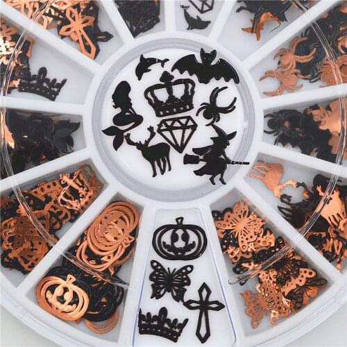 12 Shapes 3D Metal Halloween Nail Art Decoration Slice Black Nail Stickers Decal Wheel Nail Art Tips Jewelry Accessories
