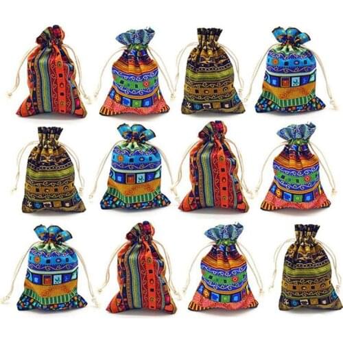 12pc Egyptian Style Jewelry Coin Pouch Print Drawstring Gift Bag Cotton Sachet Candy Travel Purse Ethnic