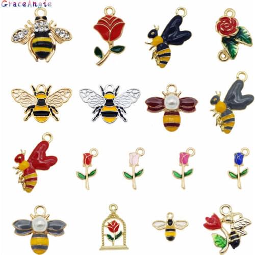 GraceAngie 15pcs Alloy Enamel Mixed Bee Rose Flower Shape Charms For Necklace Bracelet Earrings Pendant Jewelry DIY Findings
