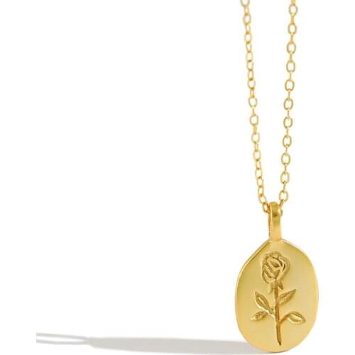 18k gold 100% Authentic 925 Sterling silver Rose Flower engraved on the Oval Necklace Pendant TLX1011