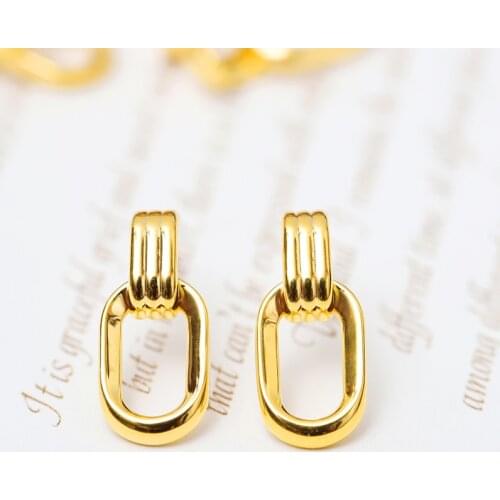 Pure 24K Yellow Gold Earrings Women 3D 999 Gold Geometry Dangle Earrings