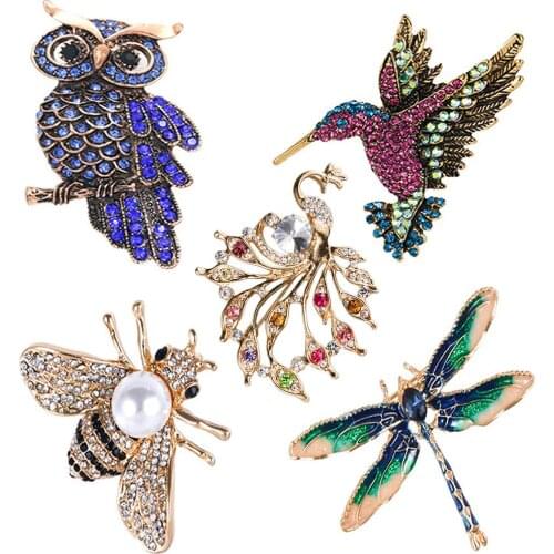5Pcs Women Brooch Set Owl Bee Dragonfly Peacock Hummingbird Crystal Brooch Colorful Crystal Brooch Clothes Decor Jewelry Gifts