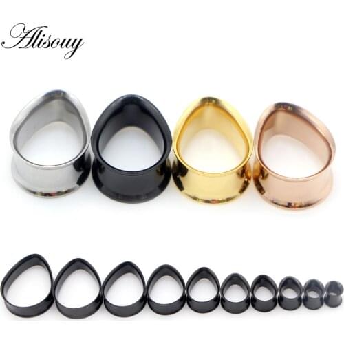 Alisouy 2pcs Stainless Steel Water Drop Ear Plug Tunnels Gold Black Steel Color Ear Expander Body Jewelry Gauges 8mm-30mm