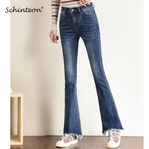 Schinteon Plus Size Elasticity Denim Flare Pants Full Length Skinny High Waist Trousers Big Size 38 40