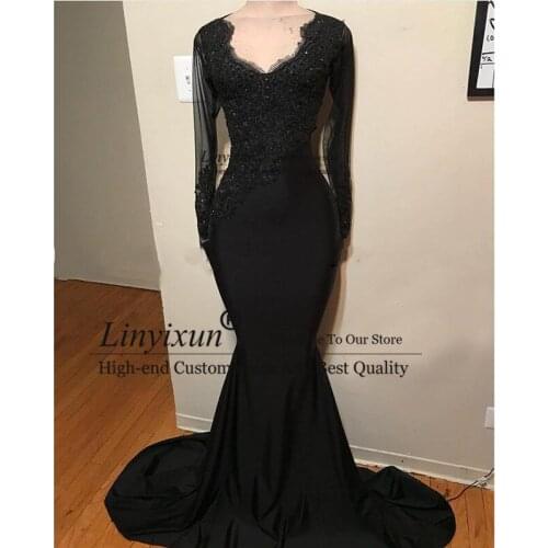Black Long Prom Dresses 2020 New Sheer Long Sleeve V-neck Sexy Mermaid African Girl Evening Dress Women Gala Gowns Customized