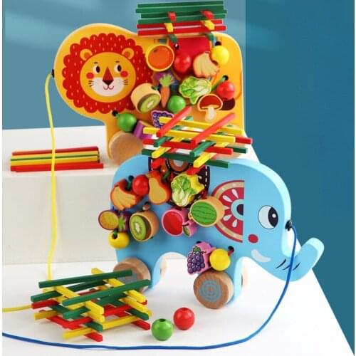Children Puzzle Beaded Elephant Lion Toddler Wooden Pull Along Toy Baby Dragging Kids Learn Walk Toy Tractors New Arrival