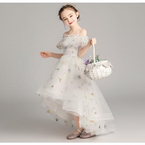 Childrens Yarn Dress Princess Party Evening Dresses Girls Star Shoulderless Host Piano Performance Dress Kids Wedding Vestidos