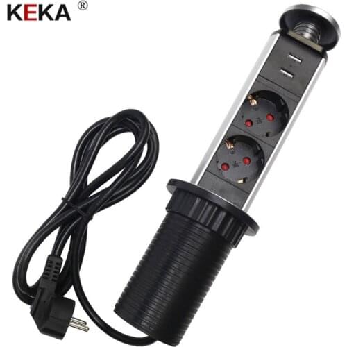 KEKA EU Plug socket 2 power sockets Kitchen Table Electrical Socket Power 1 Led+2 charge USB Aluminum Shelf Worktop EU Plug
