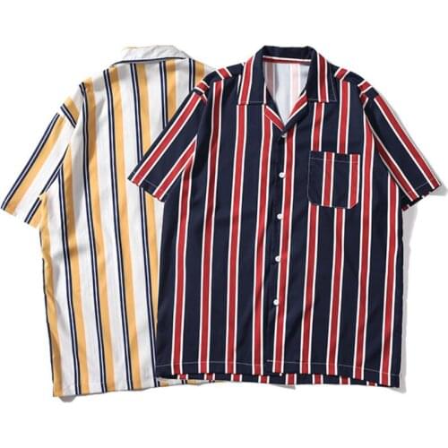 Hawaiian port style ins trend mens loose short-sleeved shirt striped retro print beach flower shirt