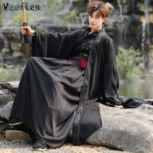 Hanfu Men Ancient Costume Hanfu Folk Dress Emboridery Long Robe Traditional Chinese Style Japanese Samurai Party Cosplay Outfits