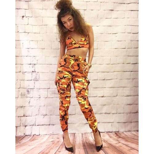 Orange Camouflage Pants Outfit Camo Pant Bra Set Crop top Camis Strap Two 2 piece set Streetwear Cargo Tracksuit Femme Suit 2pcs