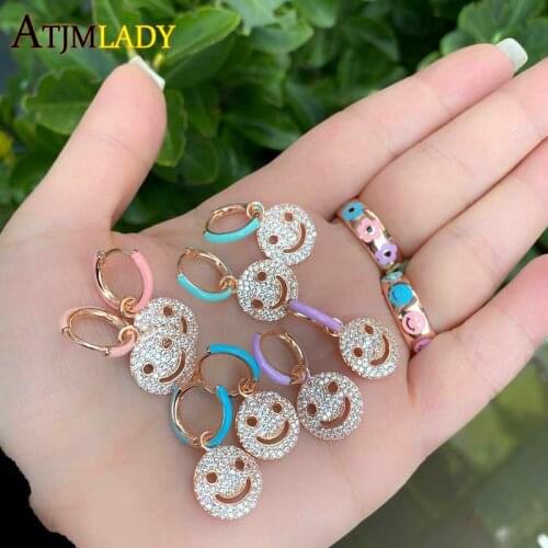 Summer Colorful Fashion Female Girl Jewelry Latest New Design Rose Gold Color Pastel Enamel Smile Happy Face CZ Hoop Earring