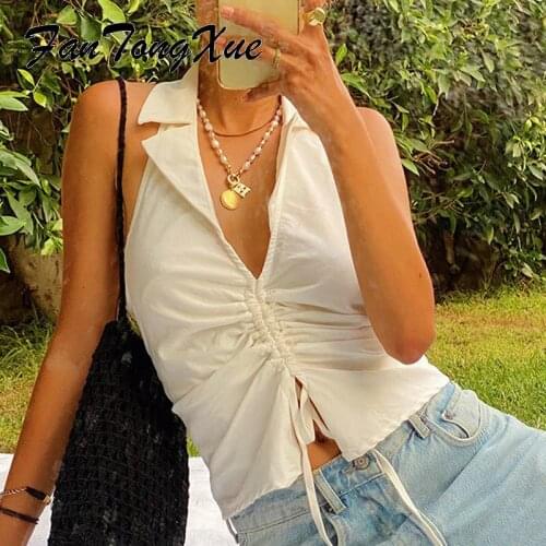 Tank Tops Women 2021 Solid Black Drawstring Pleated Sexy Shirt Women Sheath Sleeveless Turn Down Collar Deep V Neck OL Tanks