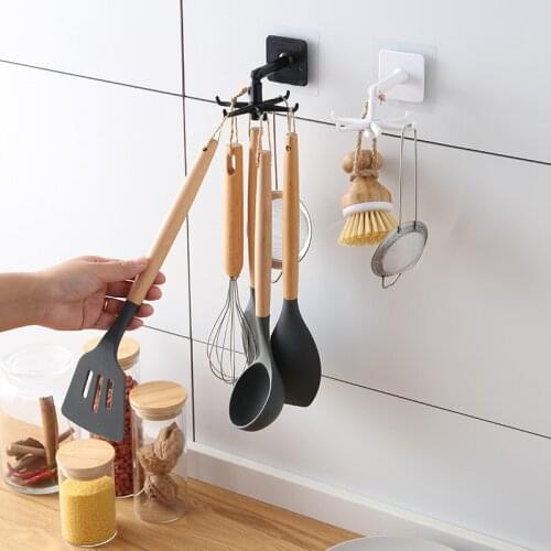Multifunctional Rotatable 6 heads Hook Punch-free Strong Viscose Storage Rack Kitchen Bathroom Spatula Knives Small Objects Hook