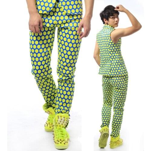 Fashion Mens Personality Polka Dot Series Slim Casual Pants Show stage Mens Trousers Costume performance accessory