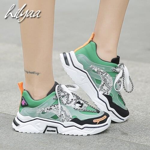Fashion Women Sneakers Green Thick Bottom PU Female Vulcanize Shoes Comfortable Trainers Chunky Shoes Sport Sneakers For Women