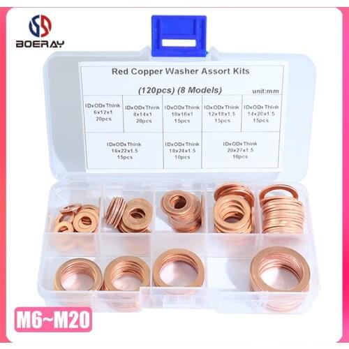 120pcs Professional M6 to M20 Assorted Copper Washer Gasket Set Flat Ring Seal Assortment Kit with Box for Hardware Accessories