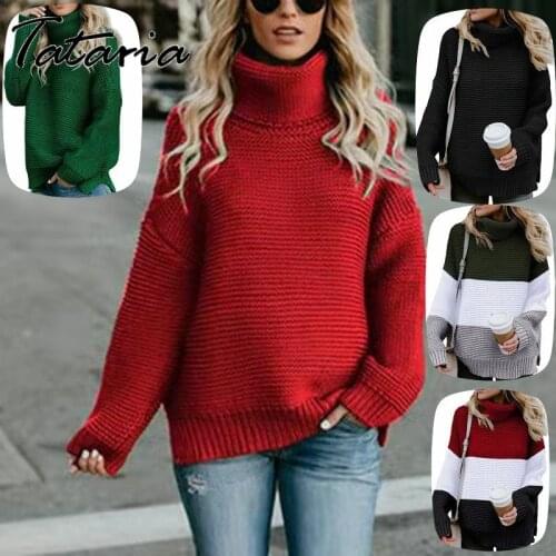 New Turtleneck Top Women Thick Pullover Autumn Winter Sweater Knitted Top Patchwork Classic Long Sleeve Red Loose Knitwear Mujer