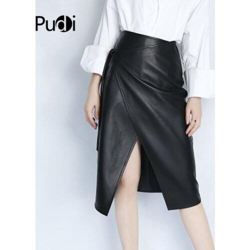 PUDI Women Genuine Leather Skirt Famele Girl Real Sheep Skin Leather A-line Black color Midi Skirts ST102