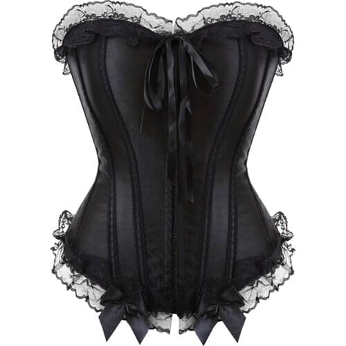 Plus Size Womens Black Satin Burlesque Boned Lace up Overbust Corset with Lace Trim Bustier Overlay Lingerie Top