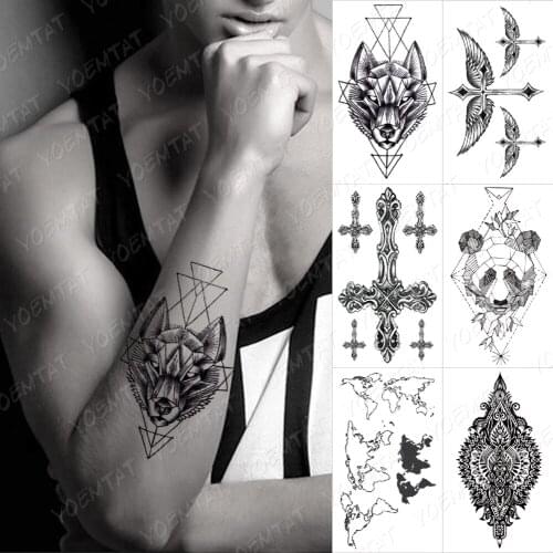Waterproof Lasting Temporary Tattoo Sticker Wolf Black Line Cross Panda Figure Male Body Art Flash Fake Tatoo