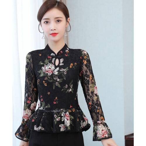 Oriental Style Women Cheongsam Shirt Traditional Flower Blouse Chinese Hanfu Tops BIG SIZE 3XL Elegant Lace Top Tang Clothes