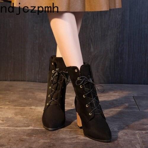 Womens Boots The New winter Pointed Lace-up fashion High heel Ankle boots Womens shoes plus size 33-48 Heel Height 8cm black
