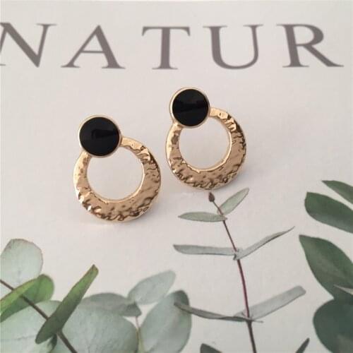 Classic Gold Color Hammered Oval Shape With Black Enamel Stud Earrings For Women Lady Gift Multi Colored Gem Stone Rhinestone